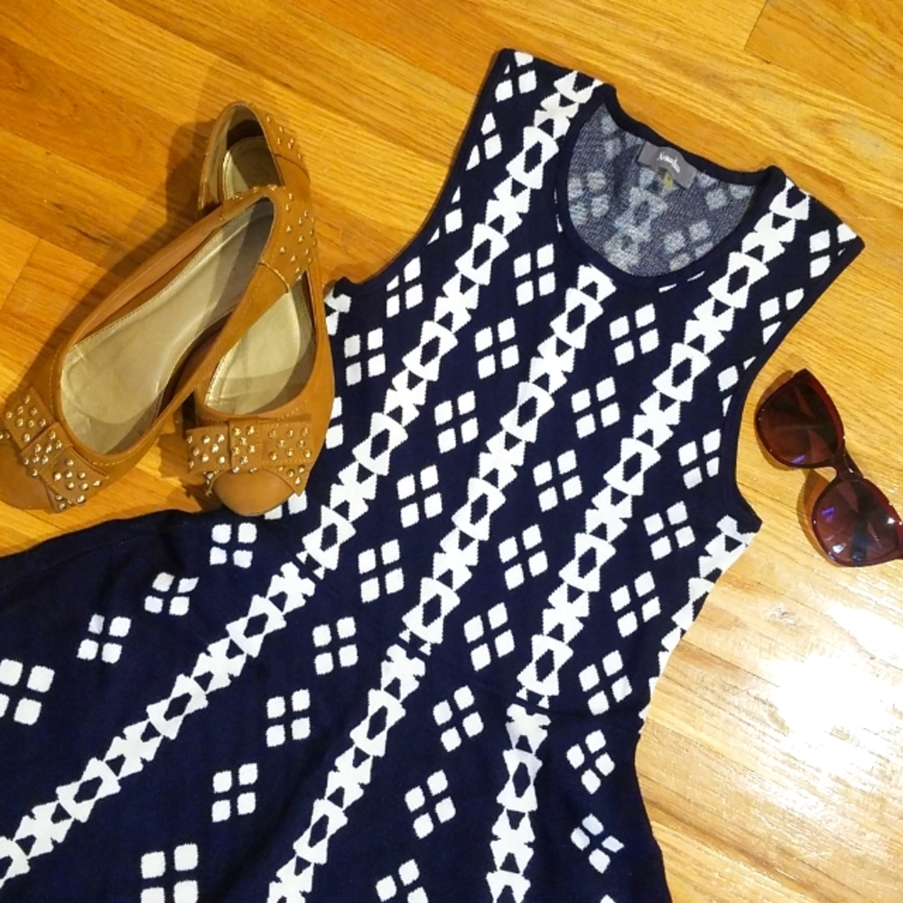 Neiman Marcus | Navy Patterned Knit Dress